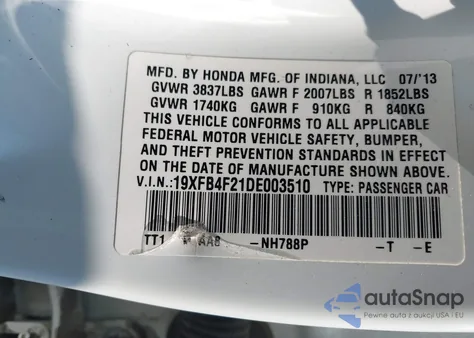 2013 Honda Civic from USA, damaged, VIN 19XFB4F21DE003510